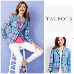 Talbots Multicolor Plaid Cotton Blazer - Teal, Pink & Blue